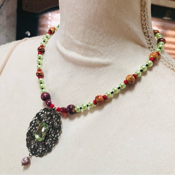 Handcrafted repurpose filigree large stone cloisonné pendant bead necklace - Picture 3 of 8